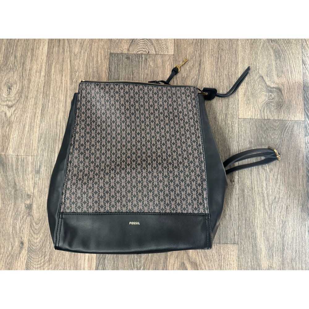 Fossil Monogram Backpack | Black & Brown Coated Canvas & Faux Leather | Everyday
